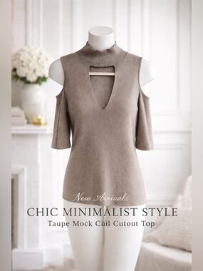 Express Taupe Mock Neck Cutout Top | Cold Shoulder Knit | Chic Minimalist Size S
